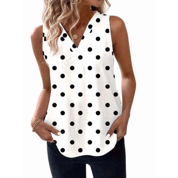 Women'S Casual Polka Dots Tank Tops V Neck Sleeveless Tunic Shirts White XXL