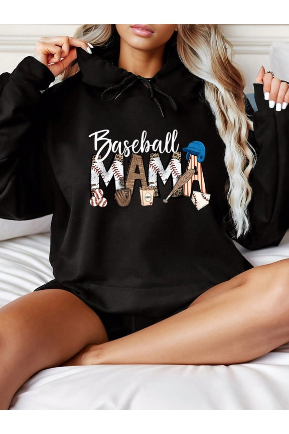 Women'S Casual Polyester Hoodie with Baseball Mama Print, Long Sleeve Pullover with Front Pocket, Geometric Pattern Knit Fabric, All-Season Hooded Top