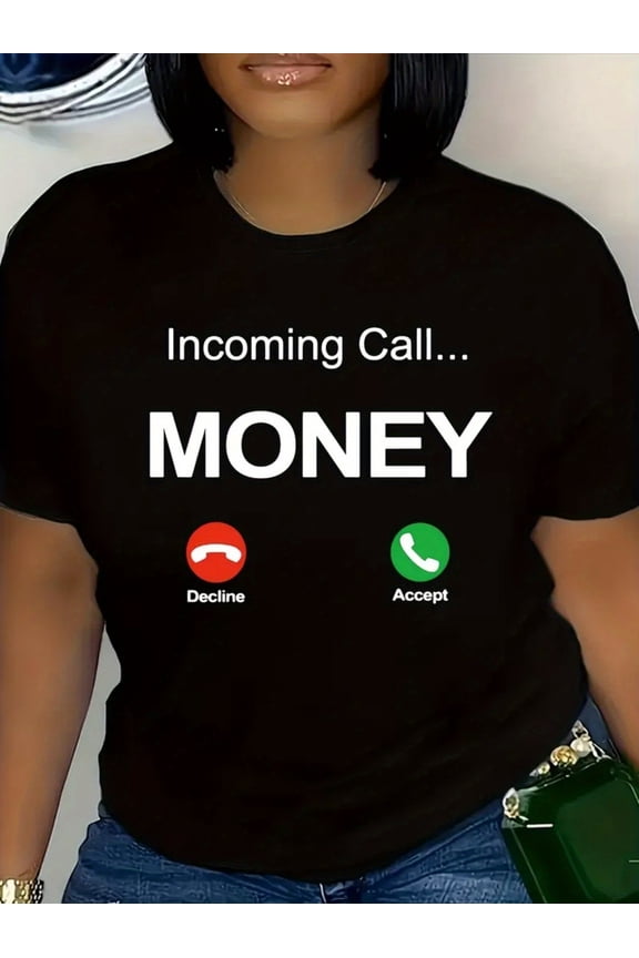 Women'S Casual Polyester T-Shirt with 'Call. Money' Text, Round Neck Short Sleeve