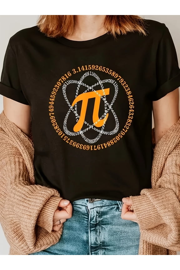 Women'S Casual Polyester T-Shirt with Graphic Pi Print, Short Sleeve Crew Neck Knit Top for Spring & Summer