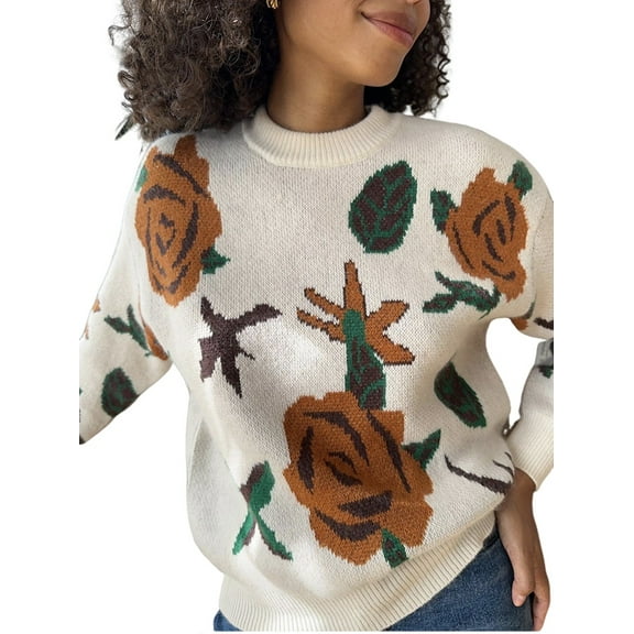 Women'S Casual Print Knitted Pullover Sweaters Long Sleeve Crew Neck Jumper Tops White M