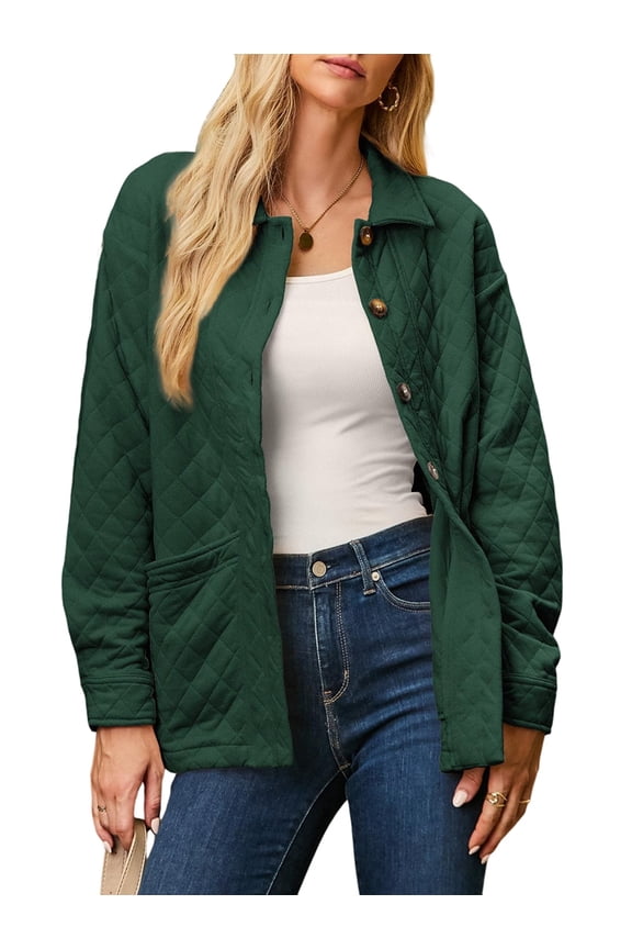 Women'S Casual Quilted Jacket, Button-Down Collar Long-Sleeved Shirt, Autumn Jacket with Pockets Dark Green XXL