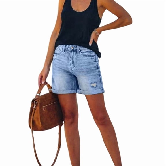 Women'S Casual Ripped Denim Shorts High Rise Distressed Rolled Hem Jeans Shorts Light Blue S