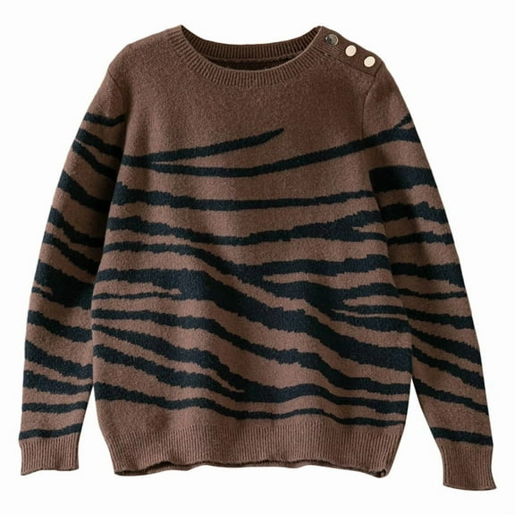 Women'S Casual Round Neck Long Sleeve Pullover Sweater Fall Winter Contrast Striped Shoulder Button Knit Coffee M