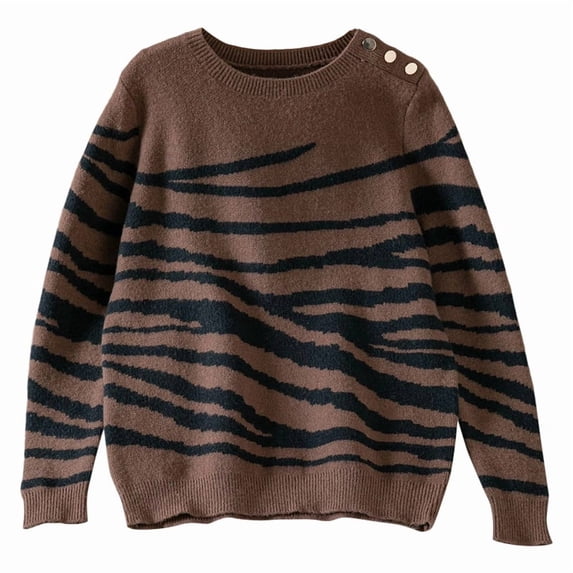 Women'S Casual Round Neck Long Sleeve Pullover Sweater Fall Winter Contrast Striped Shoulder Button Knit Coffee S