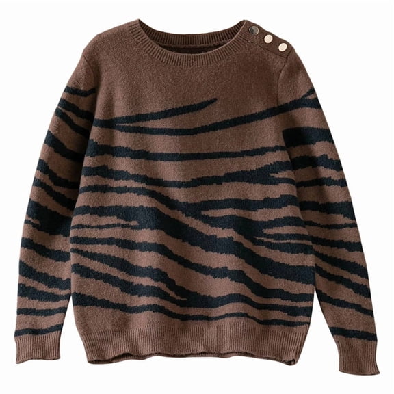 Women'S Casual Round Neck Long Sleeve Pullover Sweater Fall Winter Contrast Striped Shoulder Button Knit Coffee S