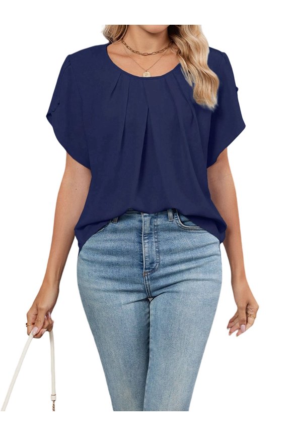 Women'S Casual Round Neck Pleated Tops Short Sleeve Loose Fit Curved Back Chiffon Blouses Tshirts Navy Blue XL