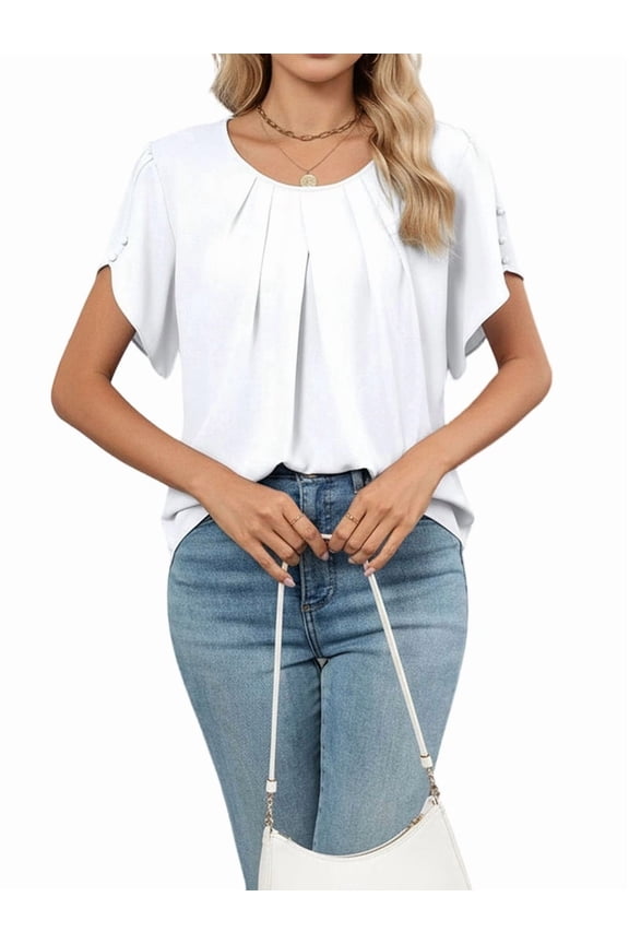Women'S Casual Round Neck Pleated Tops Short Sleeve Loose Fit Curved Back Chiffon Blouses Tshirts White XXL