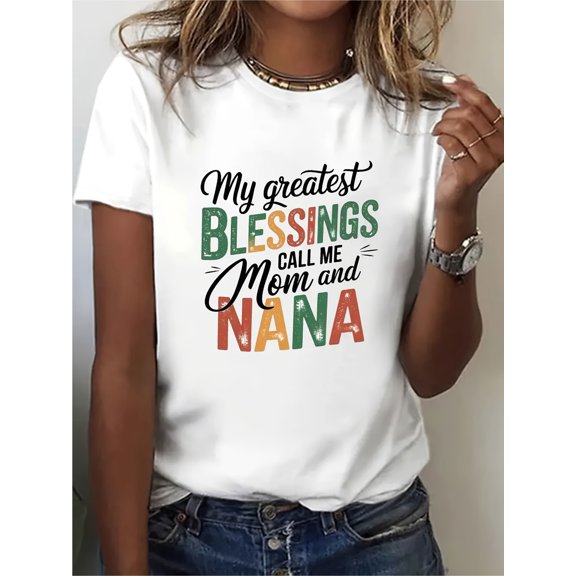 Women'S Casual Round Neck T-Shirt- 'Call Me Mom and Grandma' Colorful Print, 100% Knitted Top, Comfortable for All Seasons, Machine Washable, Women'S T-Shirt