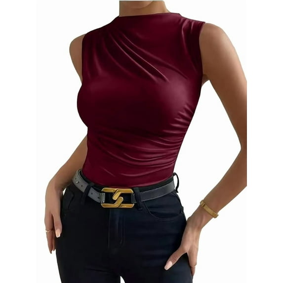 Women'S Casual Ruched Mock Neck Tank Top Sleeveless Slim Fit Work Shirt Tops Wine Red L