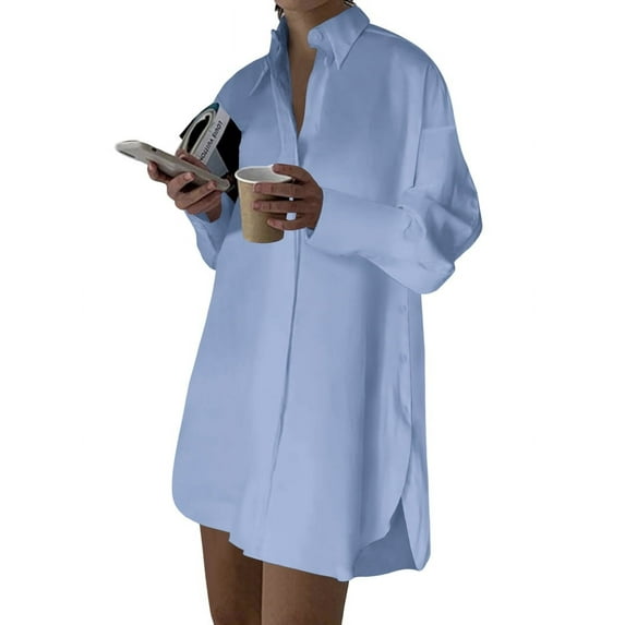 Women'S Casual Shirt Dress Collar V Neck Button Down Loose Long Sleeve Mini Dresses Light Blue S