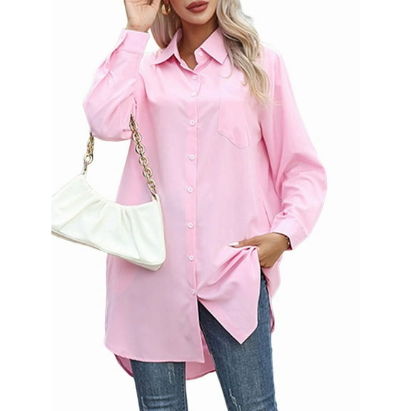 Women'S Casual Shirt Dress Collar V Neck Button Down Loose Long Sleeve Mini Dresses Pink M