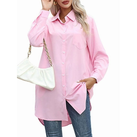 Women's Casual Button Down Shirts Long Sleeve Oversize Blouse Loose Shirt Dress with Side Pockets Pink M