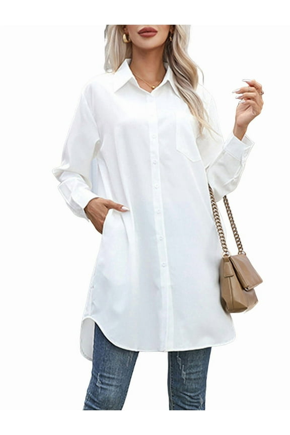 Women'S Casual Shirt Dress Collar V Neck Button Down Loose Long Sleeve Mini Dresses White M