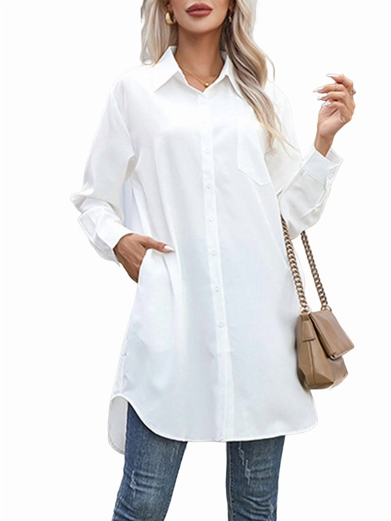 Women'S Casual Shirt Dress Collar V Neck Button Down Loose Long Sleeve ...