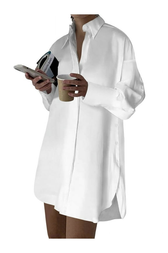 Women'S Casual Shirt Dress Collar V Neck Button Down Loose Long Sleeve Mini Dresses White XXXL