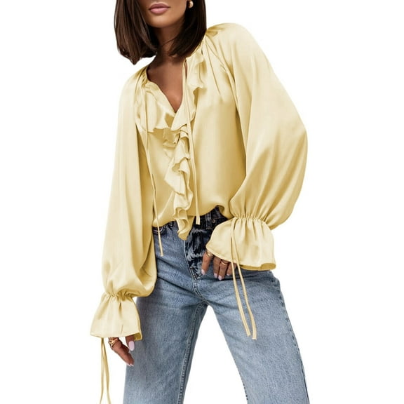 Women'S Casual Shirt Long Sleeve Ruffled Shirt Satin Silk Business Work Top Spring and Autumn Clothing Yellow L