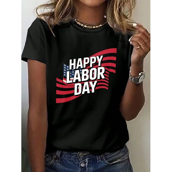 Women'S Casual Short-Sleeve Crew Neck T-Shirt Featuring A Happy Labor Day American Flag Print, Perfect For Spring And Summer
