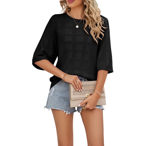 Women'S Casual Short Sleeve Loose Tunic Tops Light-Weight Crochet Knit Summer Sweaters Blouses Black L