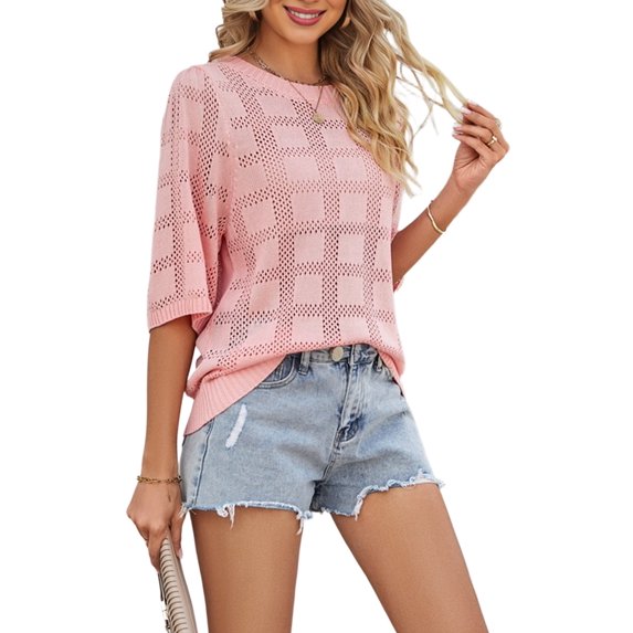 Women'S Casual Short Sleeve Loose Tunic Tops Light-Weight Crochet Knit Summer Sweaters Blouses Pink M
