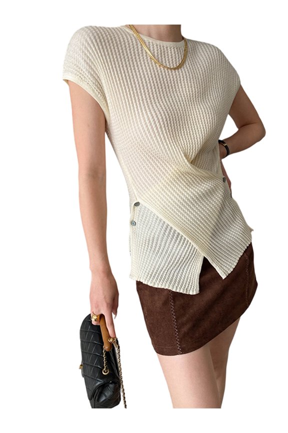 Women'S Casual Short Sleeve Split Hem Top Cream White One Size