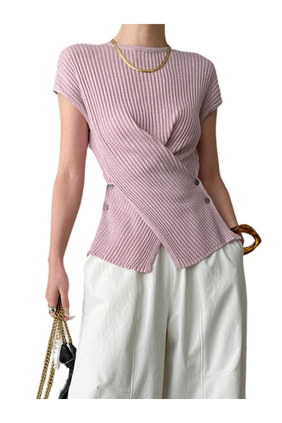 Women'S Casual Short Sleeve Split Hem Top Romantic Pink One Size