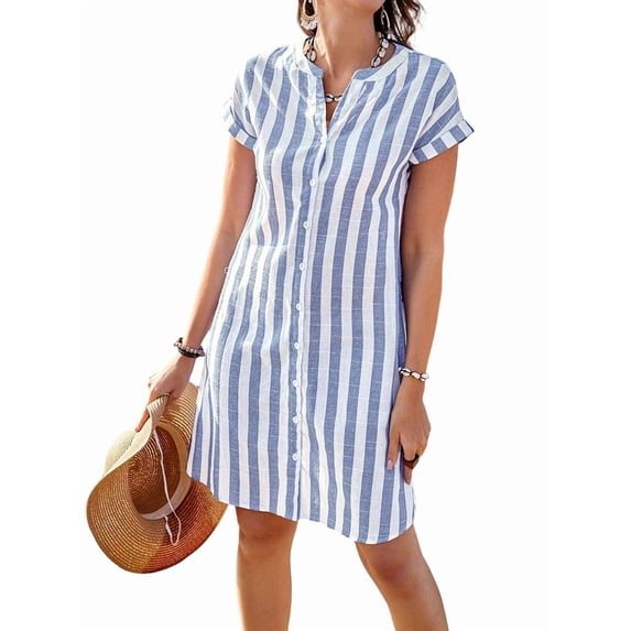 Women'S Casual Short Sleeve Striped Shirt Dress Notched V-Neck Midi Long Beach Dress Light Blue S