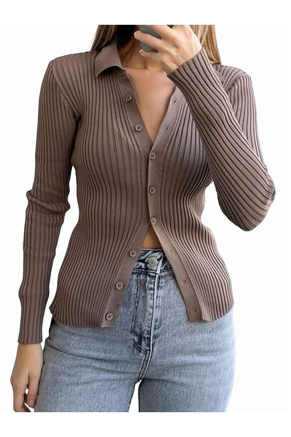 Women'S Casual Simple Solid Color Long Sleeve Shirt Wool Top Button Striped Lapel Work Shirt Camel L