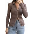 thumbnail image 1 of Women'S Casual Simple Solid Color Long Sleeve Shirt Wool Top Button Striped Lapel Work Shirt Camel XL, 1 of 6