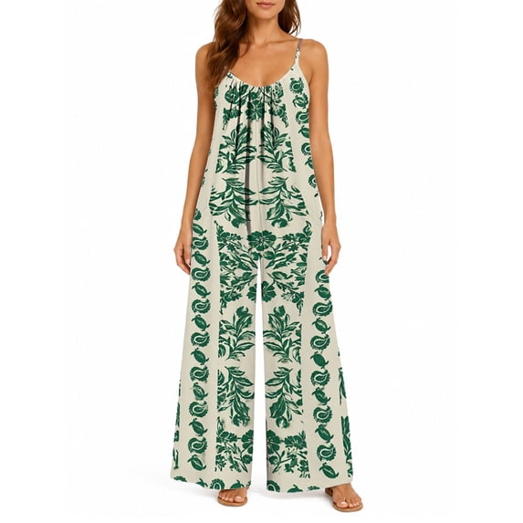 Women'S Casual Sleeveless Jumpsuits Green Floral Spaghetti Strap Wide Leg Pants Rompers With Pockets