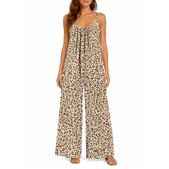Women'S Casual Sleeveless Jumpsuits Light Brown Leopard Spaghetti Strap Wide Leg Pants Rompers With Pockets