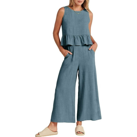 Women'S Casual Sleeveless Pleated Round Neck Vest Wide Leg Cropped Pants Set Gray Blue M