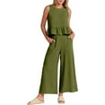 thumbnail image 1 of Women'S Casual Sleeveless Pleated Round Neck Vest Wide Leg Cropped Pants Set Green M, 1 of 6