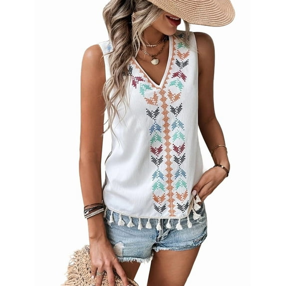 Women'S Casual Sleeveless V Neck Embroidered Graphic Print Tank Top Boho Tassel Hem Tops White L