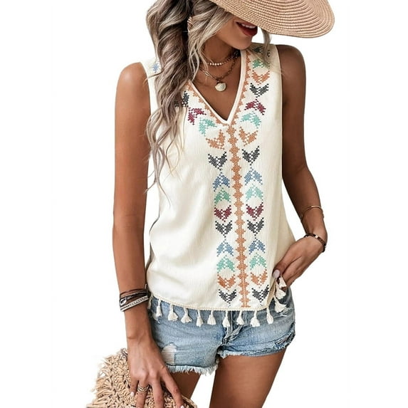 Women'S Casual Sleeveless V Neck Embroidered Graphic Print Tank Top Boho Tassel Hem Tops XL