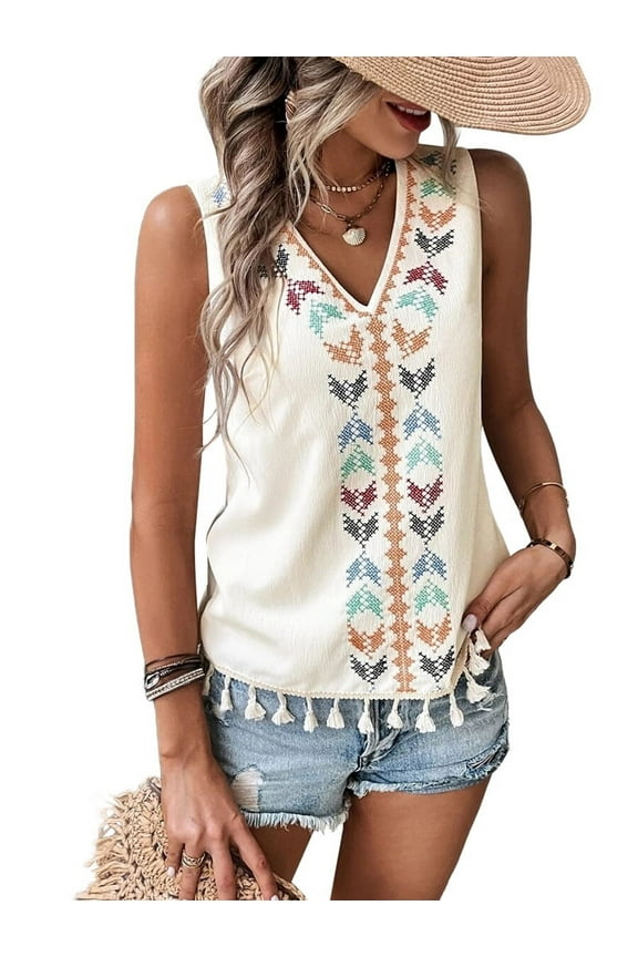 Women'S Casual Sleeveless V Neck Embroidered Graphic Print Tank Top Boho Tassel Hem Tops XL