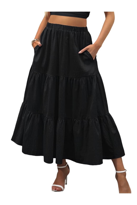 Women'S Casual Smock Layered Tiered Skirt High Waisted A Line Flowy Long Skirts with Pockets Black XL