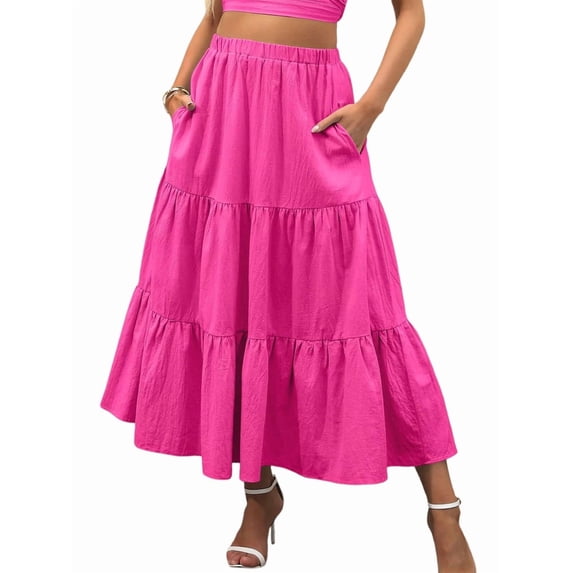 Women'S Casual Smock Layered Tiered Skirt High Waisted A Line Flowy Long Skirts with Pockets Rose Red M