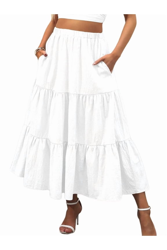 Women'S Casual Smock Layered Tiered Skirt High Waisted A Line Flowy Long Skirts with Pockets White S