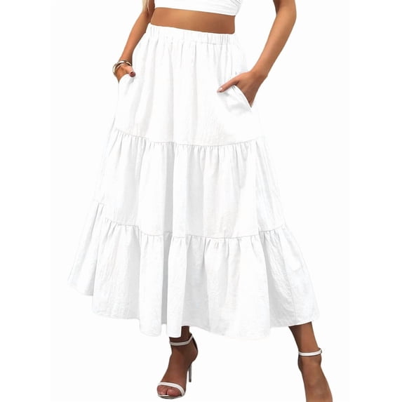Women'S Casual Smock Layered Tiered Skirt High Waisted A Line Flowy Long Skirts with Pockets White S