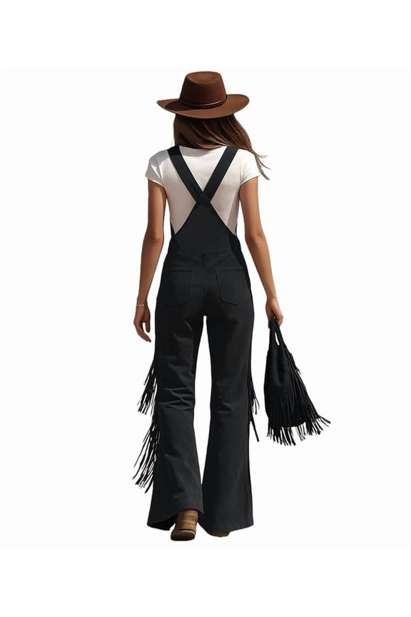 Women'S Casual Solid Color Fringe Faux Suede Adjustable Strap Wide Leg Jumpsuit Romper Black XXL