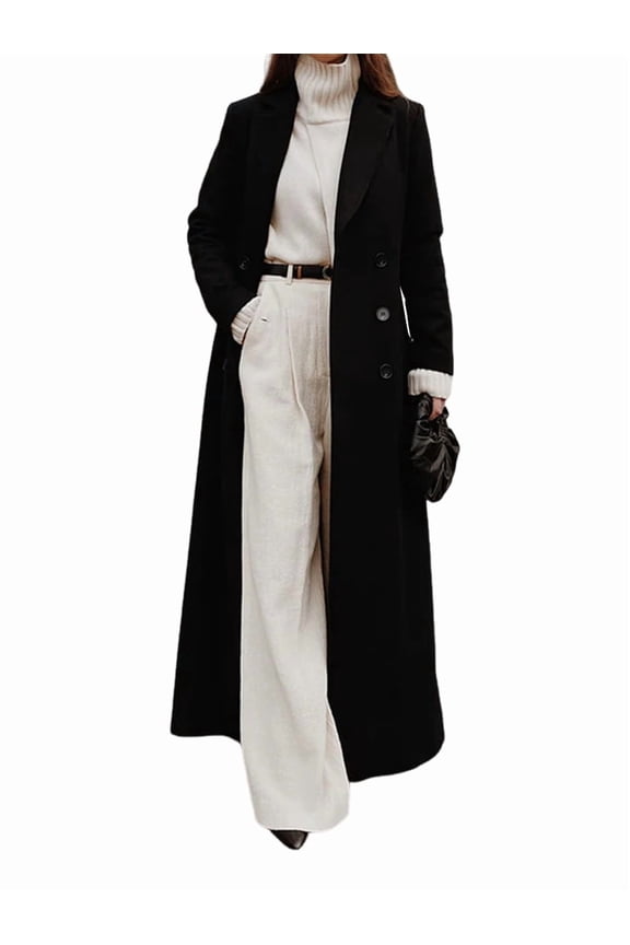 Women'S Casual Solid Color V-Neck Long-Sleeve Windbreaker Warm Woolen Coat Black S