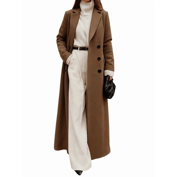 Women'S Casual Solid Color V-Neck Long-Sleeve Windbreaker Warm Woolen Coat Brown M