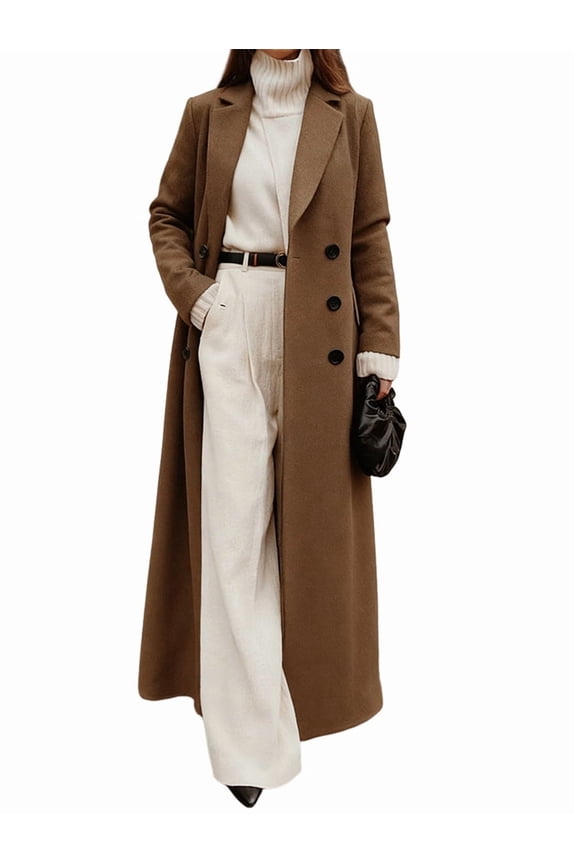 Women'S Casual Solid Color V-Neck Long-Sleeve Windbreaker Warm Woolen Coat Brown XXL