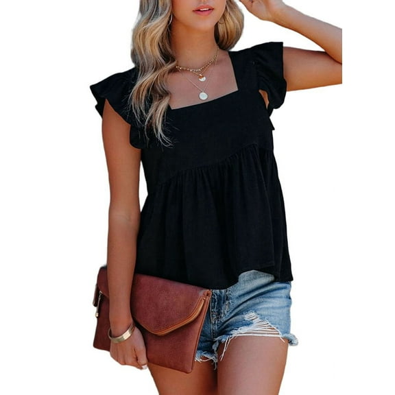Women'S Casual Square Neck Ruffle Cap Sleeve Peplum Babydoll Blouse Tank Top Black S