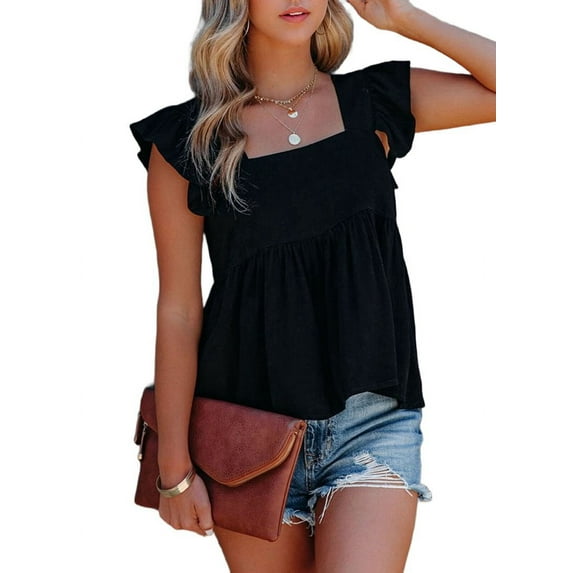 Women'S Casual Square Neck Ruffle Cap Sleeve Peplum Babydoll Blouse Tank Top Black XXL