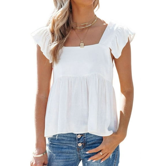 Women'S Casual Square Neck Ruffle Cap Sleeve Peplum Babydoll Blouse Tank Top White S