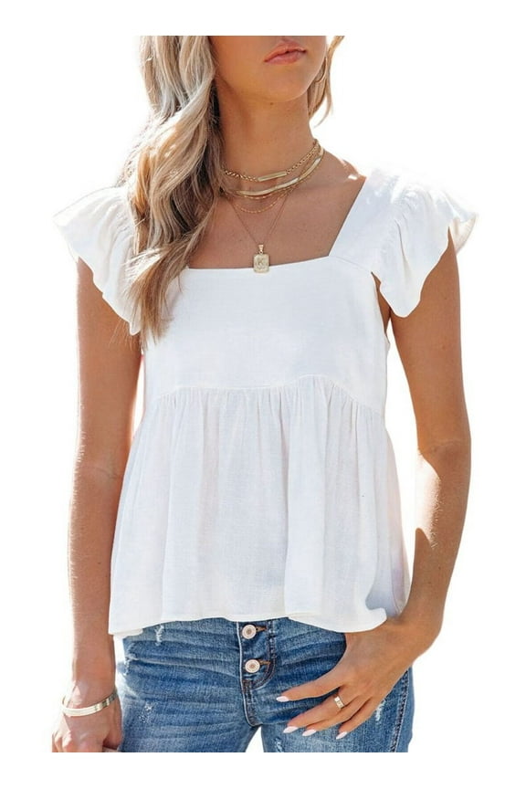 Women'S Casual Square Neck Ruffle Cap Sleeve Peplum Babydoll Blouse Tank Top White XL