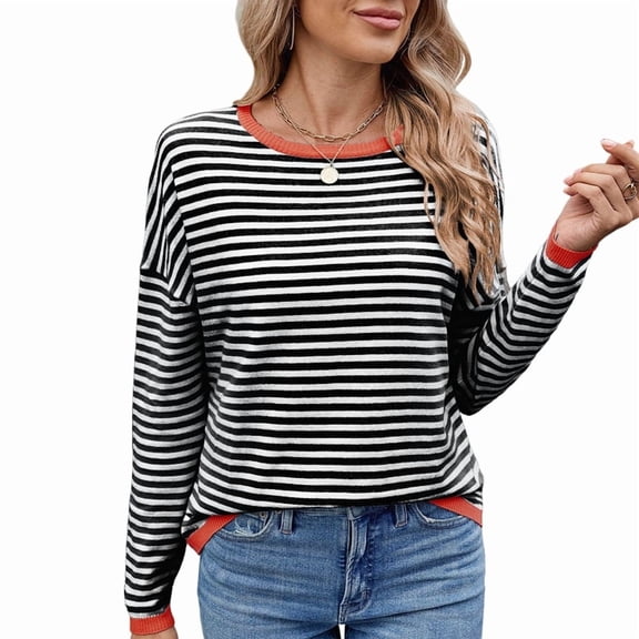 Women'S Casual Striped Crewneck Sweaters Color Block Long Sleeve Knitted Sweater Tops Black & Orange M