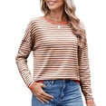 thumbnail image 1 of Women'S Casual Striped Crewneck Sweaters Color Block Long Sleeve Knitted Sweater Tops Khaki Orange S, 1 of 9